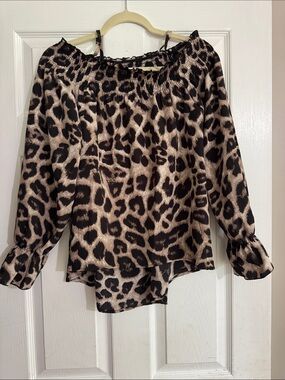 Leopard Print Off-Shoulder Blouse - Neutral Tones